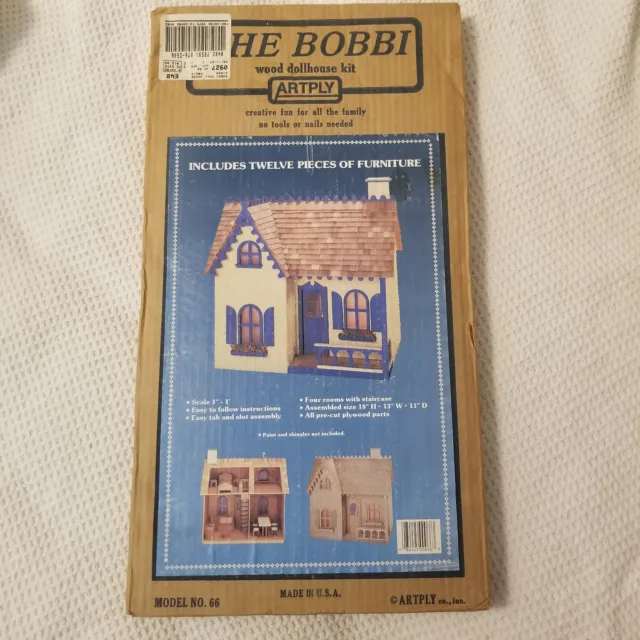 Vintage Artply 1987 The Bobbi Wood Dollhouse Kit 1:12 Scale Tab Slot 4 Room NOS