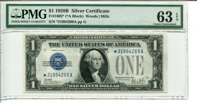Fr 1602* Star 1928B $1 Silver Certificate Pmg 63 Epq Choice Uncirculated