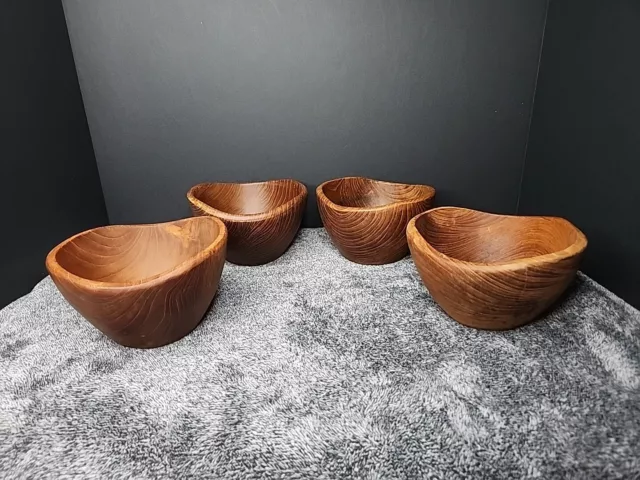 Vintage GoodWood Teak Wooden Salad Bowls Set Handcrafted Hand Turned Waved Lip