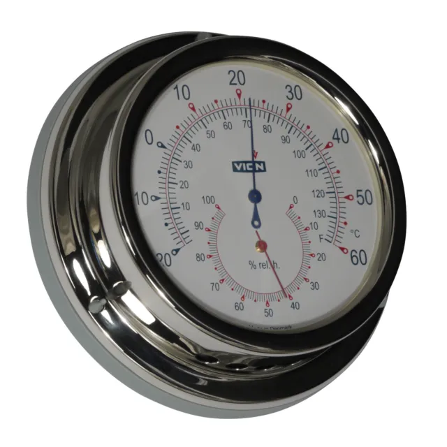 Thermometer/Hygrometer VION , Edelstahl poliert, Durchmesser 129 mm, Tiefe 40 mm
