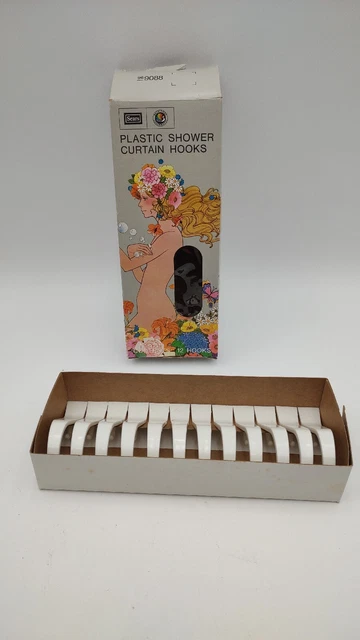 Juego de 12 ganchos de ducha blancos vintage Sears nuevos stock antiguo publicidad desnuda para dama