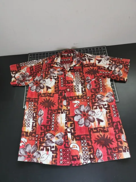 Vintage Hawaiian Shirt Barkcloth Floral Tapa Print Red Men's Size Large STAINS