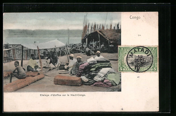 CPA Congo, Etalage d´Etoffes sur le Haut-Congo, Markt avec Stoffhändlern