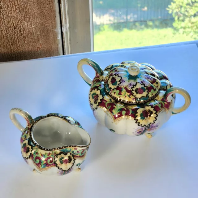 Antique  Nippon Creamer Sugar Gold Moriage Hand Painted Floral Multicolored