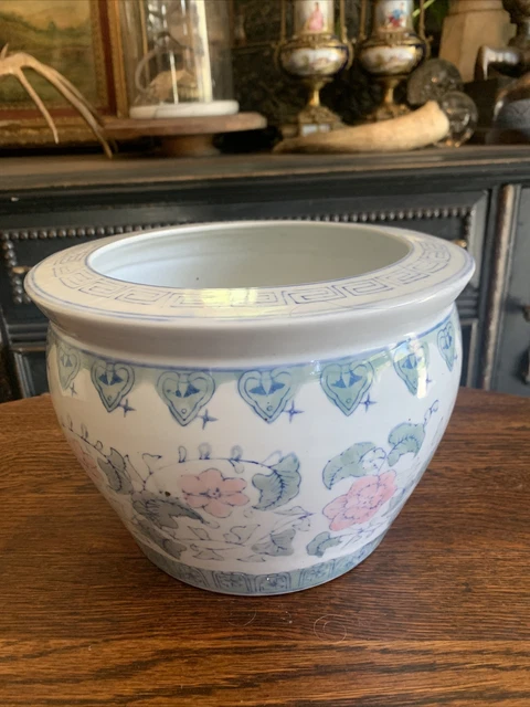 LARGE VINTAGE CHINESE Ceramic Fish Bowl Planter Jardiniere Pot 9.5Wx6