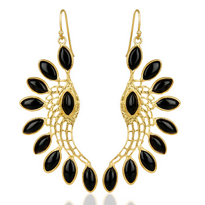 Wing Shaped Brass Gemstone Dangle Earring Fancy Multi Marquise Black Onyx Stone