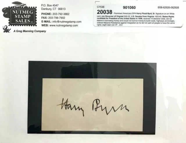 Harry F. Byrd, Sr. Autograph on Card Virginia Governor & U.S. Senator Democrat