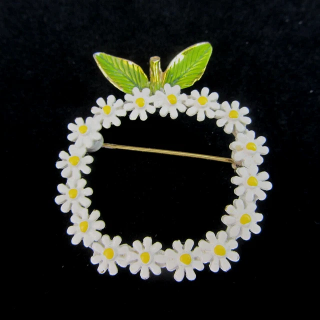 Adorable Vintage Enamel Daisy Flower Apple Brooch Pin