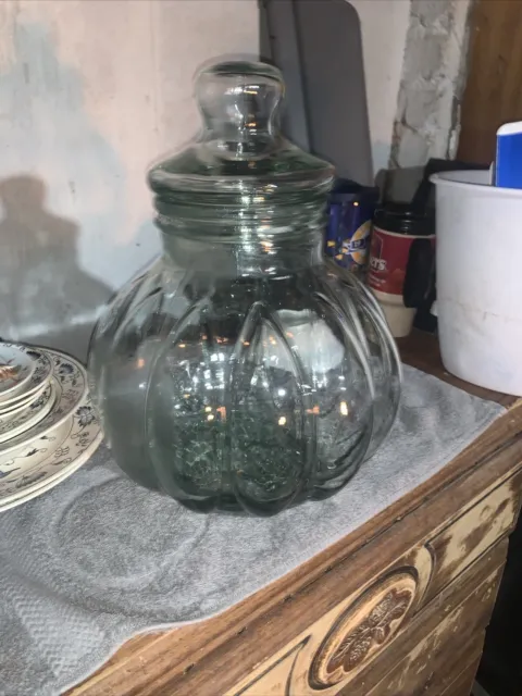 Italian Green Glass Pumpkin Shaped Apothecary Jar w/ Lid - 080723