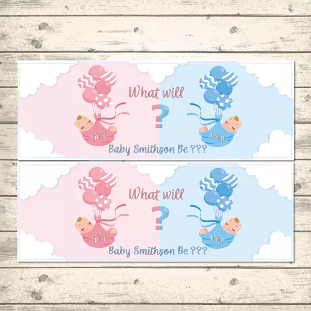 2 PERSONALISED GENDER REVEAL BANNERS - BOY OR GIRL?  800 x 297mm BABY DESIGN
