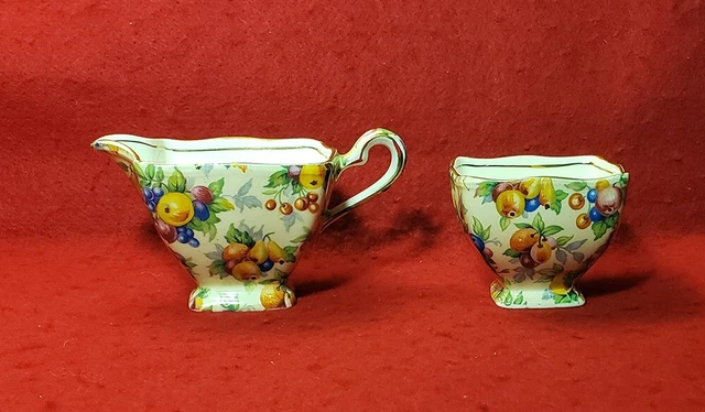 Vintage Royal Winton *Evesham* Ascot Creamer & Sugar Bowl Gold Fruits England