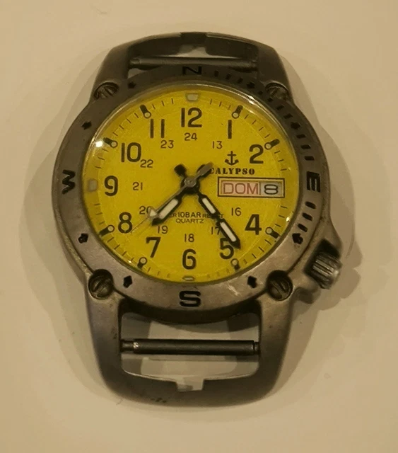 Montre Vintage Calypso Marine – Résistante à L’eau 50m, Cadran Jaune, Bracelet Cuir Noir