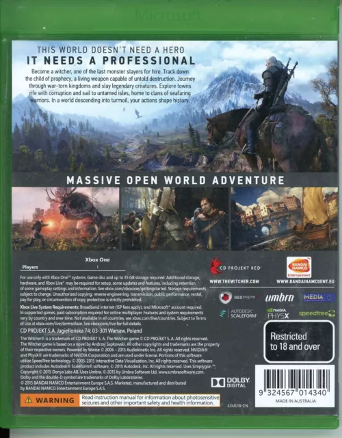 The Witcher III 3 Wild Hunt (Microsoft Xbox One XB1 2015 ) VGC - Free Post 2