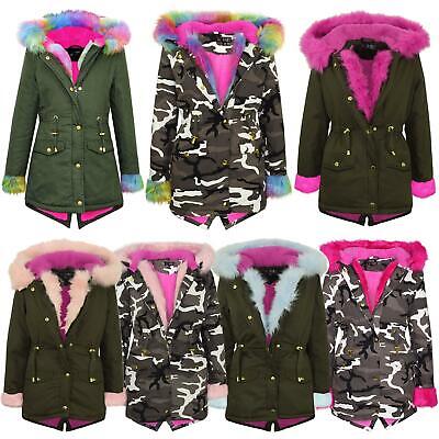 Kids Girls Camouflage Faux Fur Hooded Parka School Jackets Outwear Coats 2-13 Yr