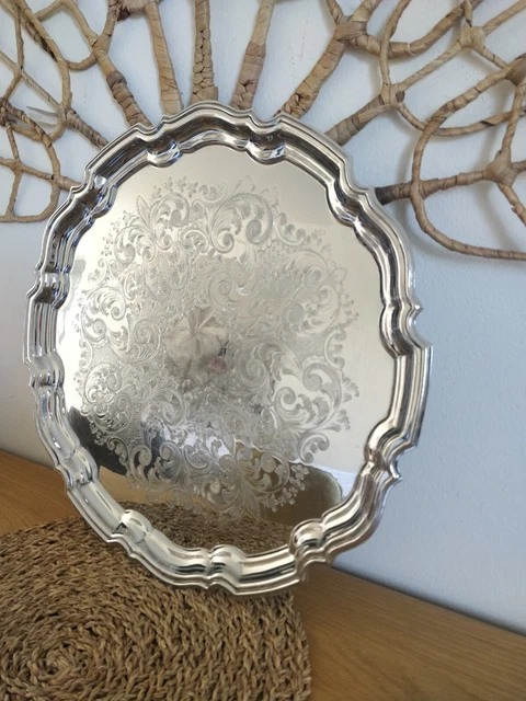 Grand Plateau Majordome Ancien - Plaqué Argent Gravé - Style Victorien Américain 1900-1940