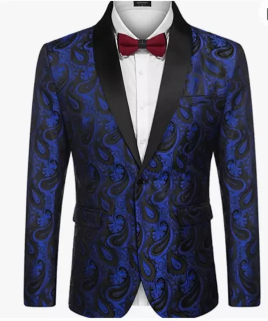 Mens BLUE Tuxedo Jacket Paisley Shawl Lapel Suit Blazer Jacket SZ L COOFANDY NEW