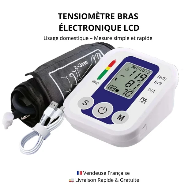 Tensiomètre Automatique Brassard Bras - Écran LED, Usage Domestique, Couleur Noir