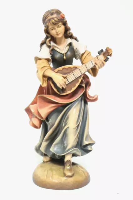 Tallado Figura de Madera Oberammergau Wood 19cm Mujer Con Mandolina Músico