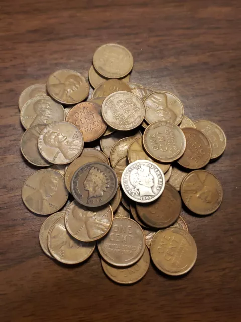 1909-1958 Wheat Cent Roll With Silver Barber Dime And Indian Head Cent Ends