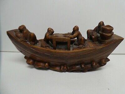 Old Chinese Carved Timber Statue 4 Immortals On Wooden Boat In Ocean