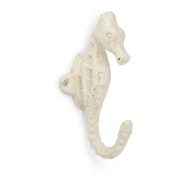 Antiqued White Seahorse Single Wall Hook Cast Iron