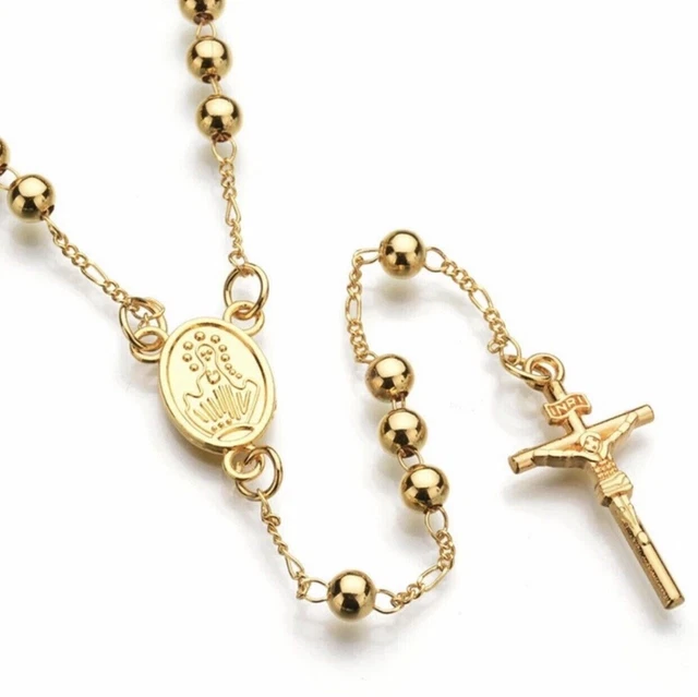 Gold Tone Metal Catholic Rosary Necklace 6mm Round Prayer Beads Papal Crucifix