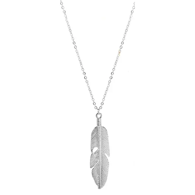 Textured Large Feather Pendant Necklace Extra Long 30 Inch Chain Silver