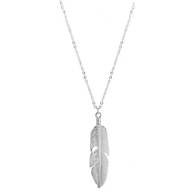 Textured Large Feather Pendant Necklace Extra Long 30 Inch Chain Silver
