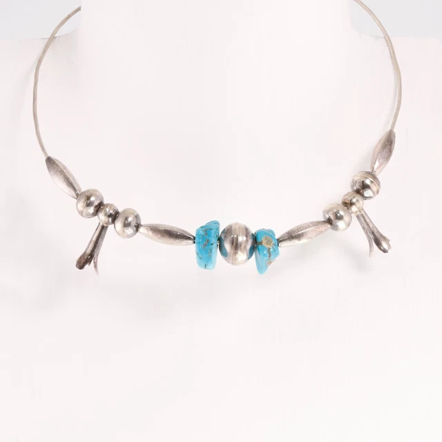 Old Pawn Sterling Blue Nugget Turquoise Squash Blossom Melon Beads Necklace