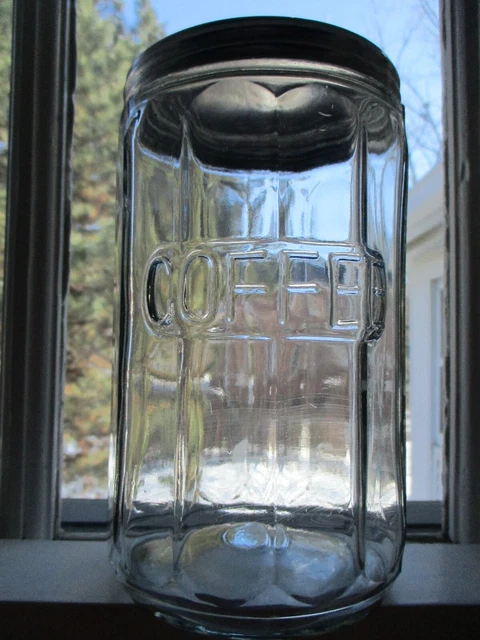 Hoosier 12 Panel Embossed "COFFEE" Clear Glass Jar Lid - Ht. 7" Dia. 4"