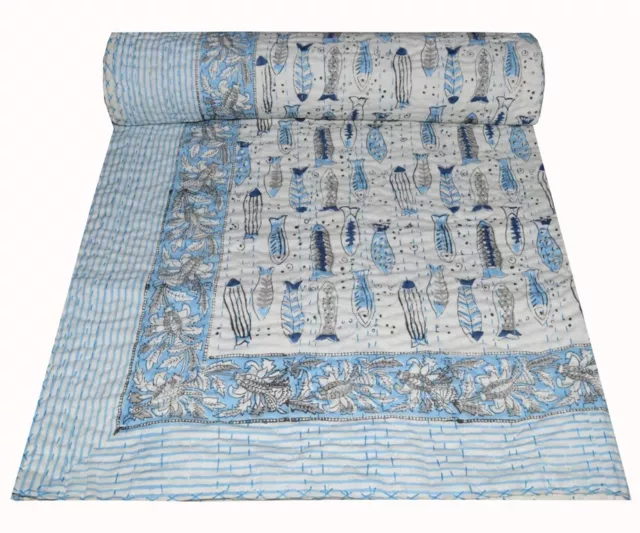Hand Block Fish Art Kantha Cotton Indian Handmade Bedspread Quilt Throw Blanket