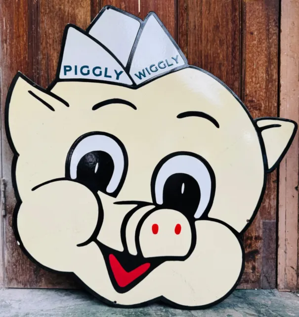 Rare Vintage Porcelain 30-inch Piggly Wiggly Old Advertising Enamel Sign Board