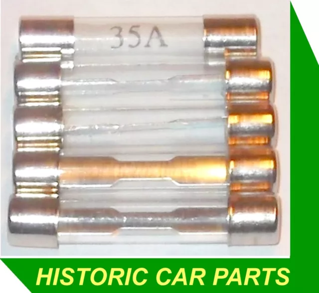 Five (5) x 35amp Electrical Glass Safety Fuses for 1940-70s Classic vehicles