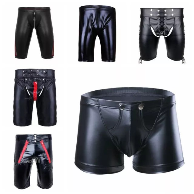 Sexy Men's Faux Leather Zipper Tights Shorts Boxer Briefs Pants Underwear Thongs