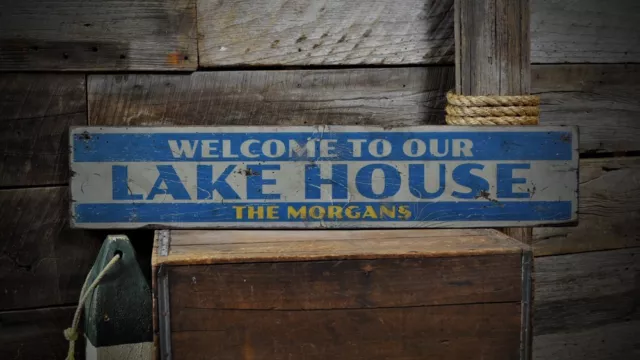 Custom Welcome To Lake House Sign - Rustic Hand Made Vintage Wooden