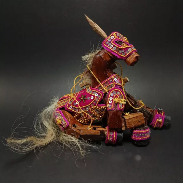 Wood Marionette String Puppet Horse Brown Pink Saddle Asian Craft Toy Burmese