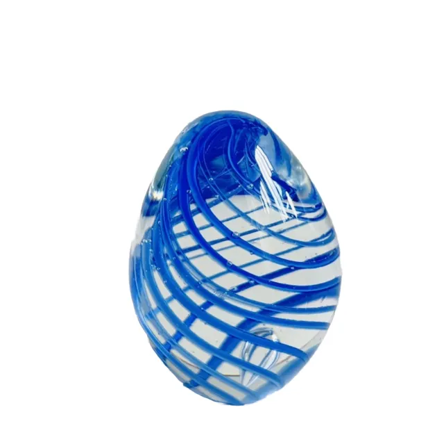 Art Glass Blue Spiral Swirl Oval Small Egg Shaped Paperweight