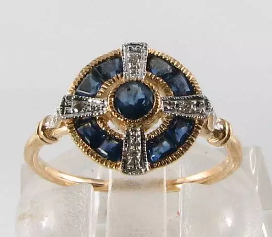 9Ct 9K Gold Blue Sapphire Diamond Art Deco Ins Ring Free Resize 3