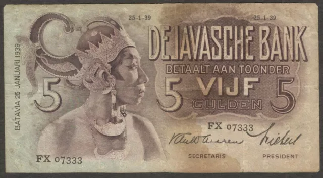 Niederländisch-Indien Indonesien 5 Gulden Wayang 1939 FX 07333 Wavereen Sign VF