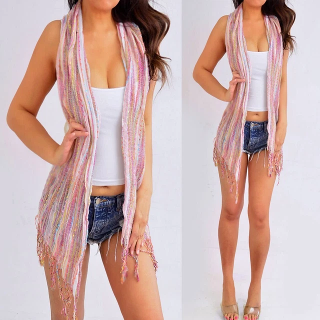 Pink Blue Orange Yellow Sleeveless Fringe Cardigan Shirt Top S Small