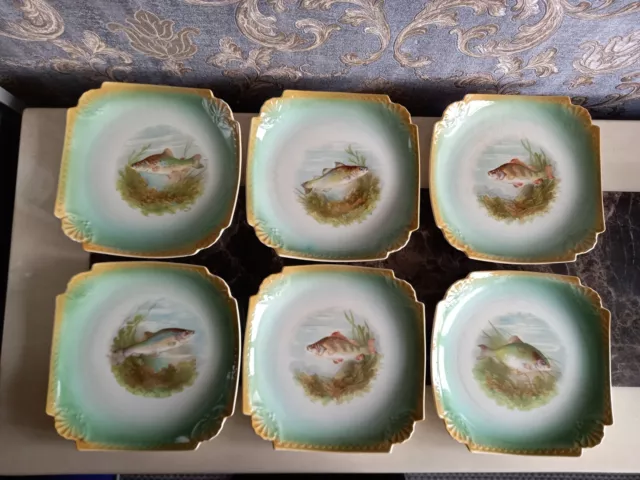 Antique Franz Anton Mehlem Royal Bonn Set Of Six Square Fish Decorated Plates