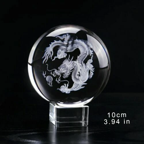 100mm 1PC 3D Laser Engraved Dragon Crystal Ball Feng Shui Globe Glass Ball