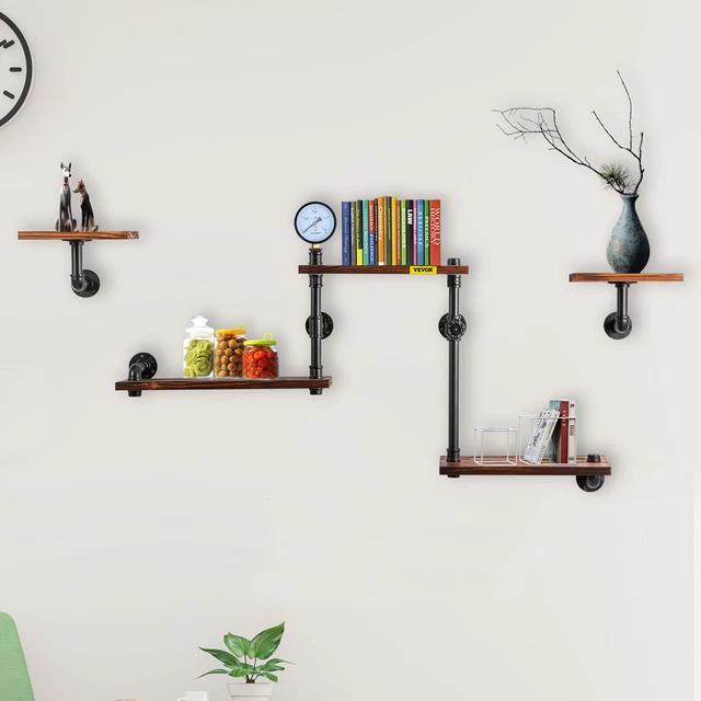 VEVOR 5-Tier Industrial Iron Pipe Shelf Wall Mounted DIY Wood Hung Bracket Black