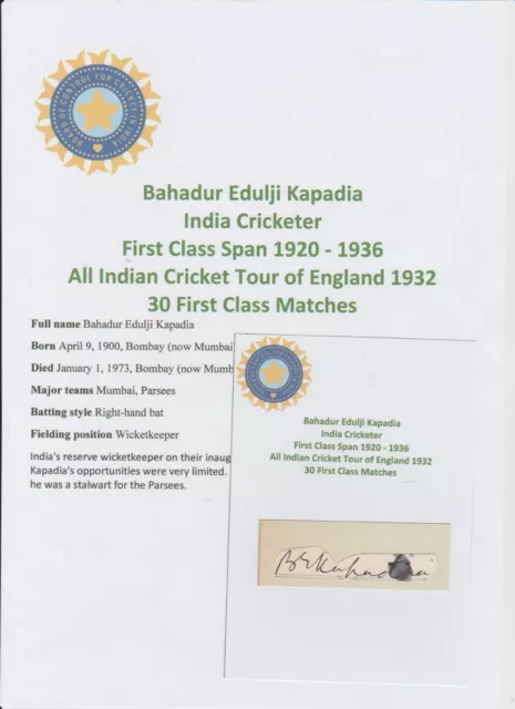 Bahadur Kapadia Cricketer All India Tour Of England 1932 Very Rare Orig Signed