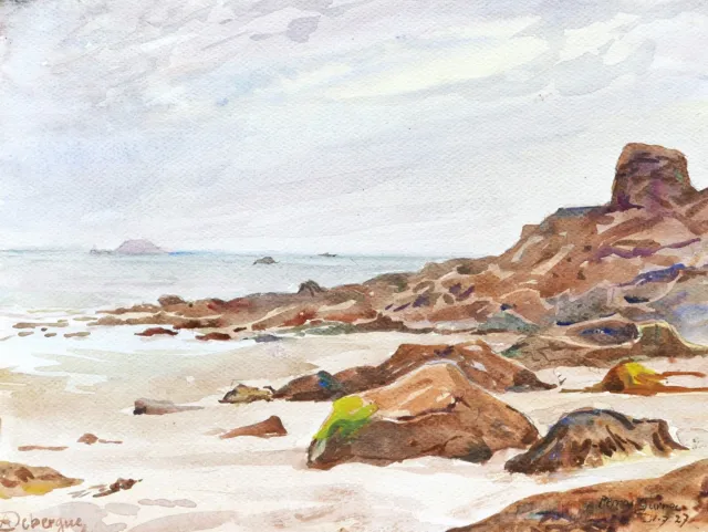 André DEBERGUE aquarelle dessin paysage vue PERROS GUIREC plage BRETAGNE tableau