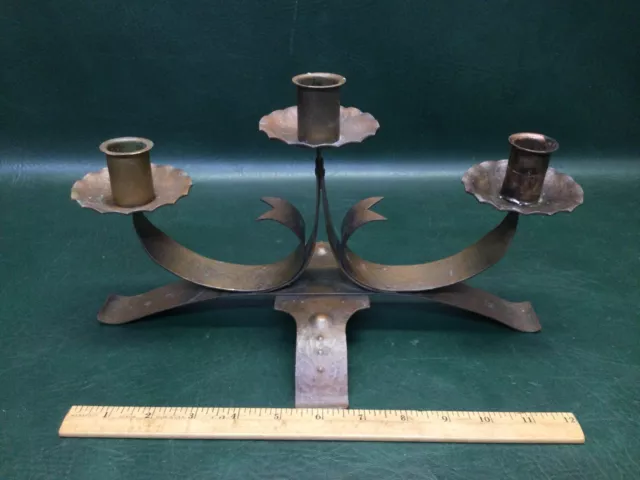 Antique Vintage Mission Arts & Crafts Hammered Copper Triple Candle Holder