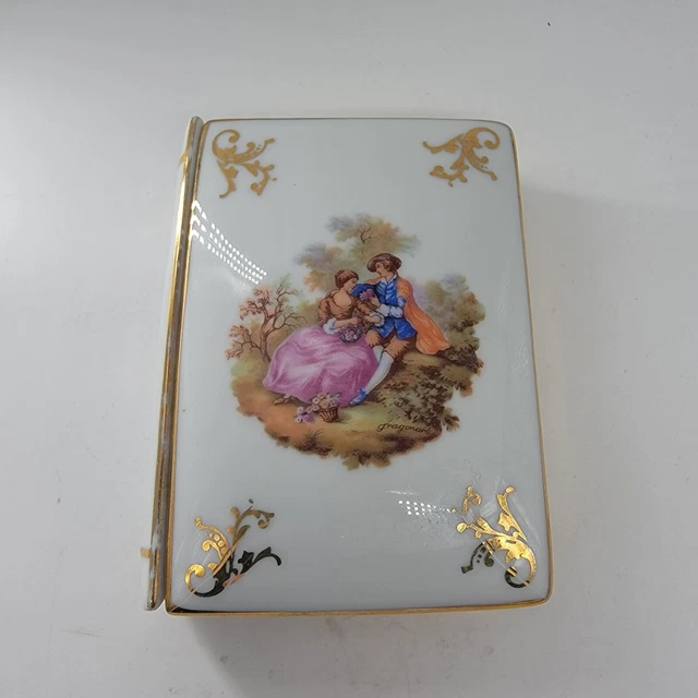 VNTG Limoges France Lg Gold Trim Porcelain Vanity Box Fragonard Courting Couple
