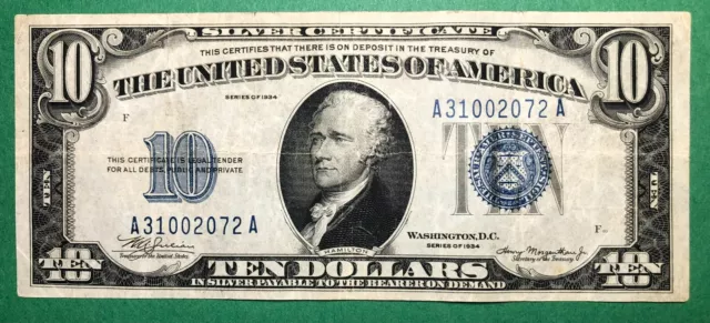 1934 A - $10 Dollar - Silver Certificate - Blue Seal - Very Fine