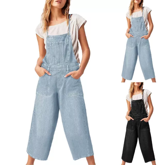 Women's Loose Denim Overalls Loose Version Bib Adjustable Strap Capri Pants