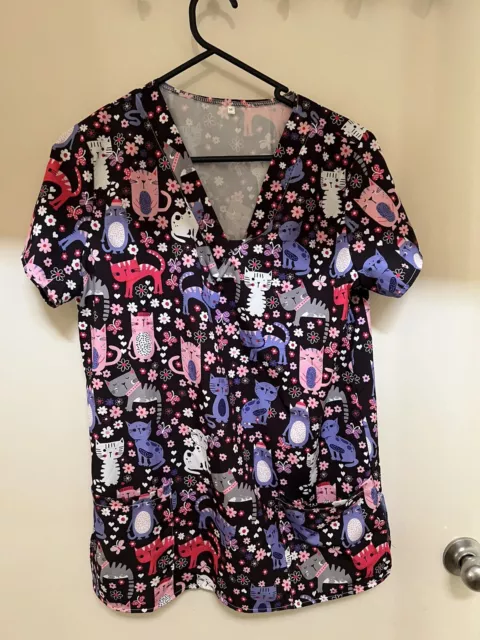 Black Cat Themed Colourful Cats Scrubs Top-Nurse-Workwear-Comfy-Handmade-Size M